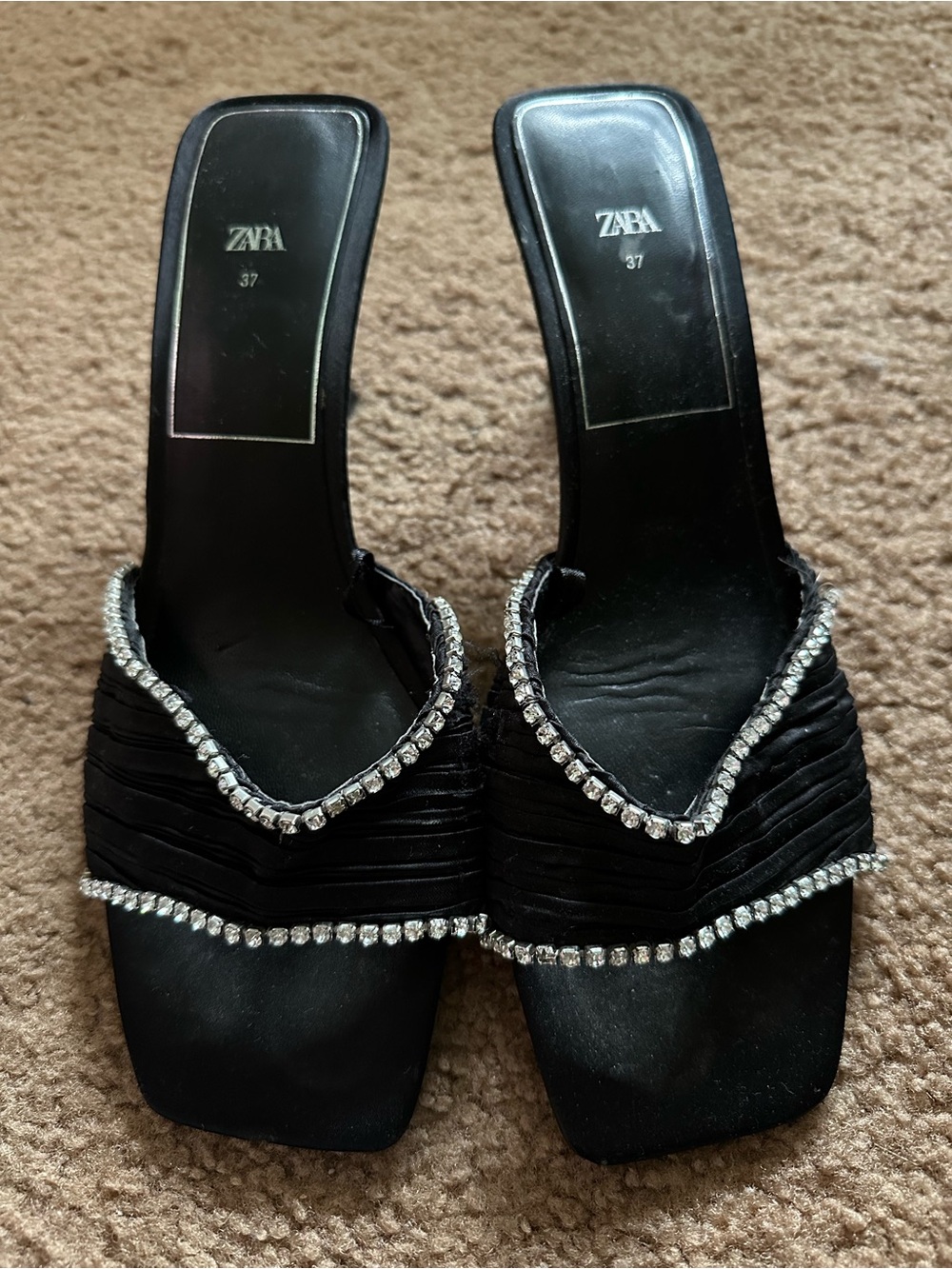 Zara Black Heeled Sandals with Silver Crystal Trim